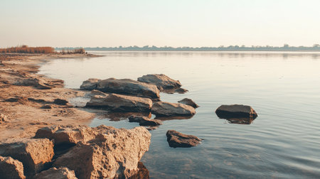 Still water of Bangwad Dam during dry season, revealing rocks and shoreline textures under clear skyの素材