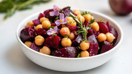 Simple and elegant beetroot salad with chickpeas and floral beetroot garnishes, arranged in white bowl on pale surfaceの素材