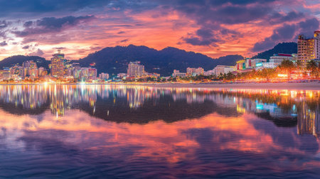 Stunning coastal view of Patong Beach, glowing sunset sky mirrored on wet sand and sea ripplesの素材