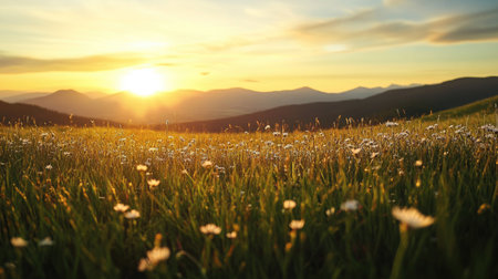 Sunset casting golden hues over rolling hills covered in bright arnica flowers, Carpathian mountain ranges glowing in warm lightの素材