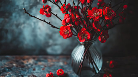 Stunning close-up of a bouquet of red plum blossoms in a transparent glass vase, perfect for home decor inspirationの素材