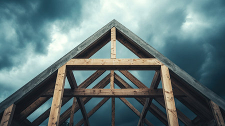 Symmetrical concrete frame of under-construction building with tower crane and cloudy sky backgroundの素材