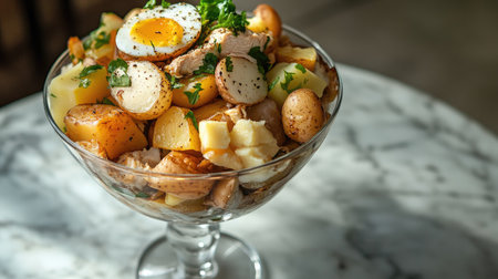 Soft light on gourmet salad in a clear glass with layers of potatoes, chicken, egg, cheese and mushrooms on marbleの素材