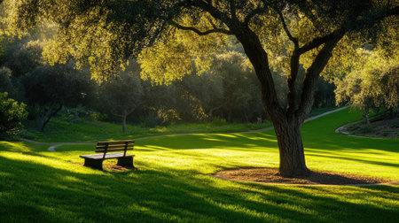 Sun-dappled park featuring a single tree with a circular bench, soft shadows playing on the grassの素材