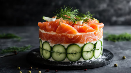 Swedish sandwich cake decorated with smoked salmon and cucumber ribbons, served cold on minimalist dark surfaceの素材