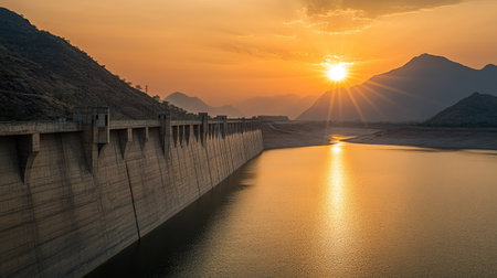 Sunset at Bangwad Dam casting golden light over the calm reservoir, with soft reflections and mountain silhouettesの素材