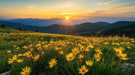 Stunning sunset over the Carpathian Mountains, golden light illuminating a valley of vibrant yellow arnica flowers in full bloomの素材