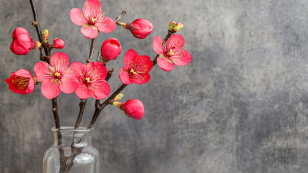 Stunning close-up of a bouquet of red plum blossoms in a transparent glass vase, perfect for home decor inspirationの素材
