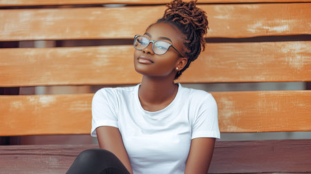 Stylish African girl in a white T-shirt and glasses, sitting on wooden steps, looking into the distance, relaxed summer moodの素材