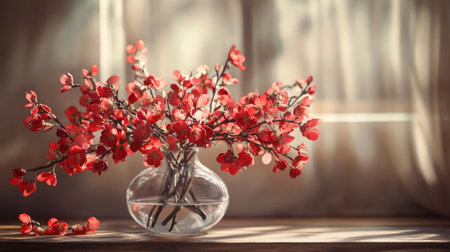 Stunning red plum blossom bouquet in a transparent glass vase, soft background creating a cozy interior aestheticの素材