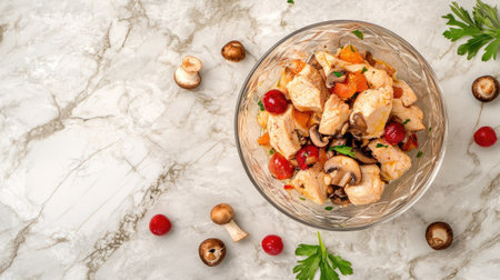 Stylish chicken and mushroom salad in elegant glass, set on luxurious marble table, top-down viewの素材