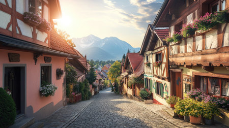 Sunlit cobblestone street in a Bavarian village, wooden chalets with painted facades, alpine mountains rising in the distanceの素材