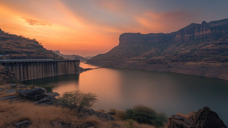 Sunset at Bangwad Dam casting golden light over the calm reservoir, with soft reflections and mountain silhouettesの素材