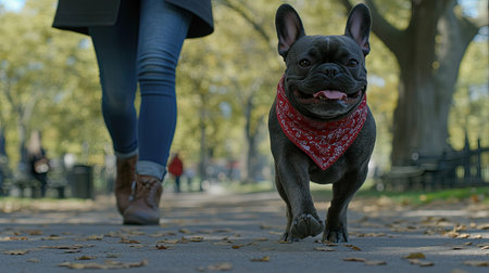 Stylish French bulldog wearing a bandana, walking alongside his casually dressed owner in a lively city park.の素材