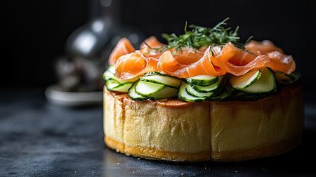 Swedish sandwich cake decorated with smoked salmon and cucumber ribbons, served cold on minimalist dark surfaceの素材