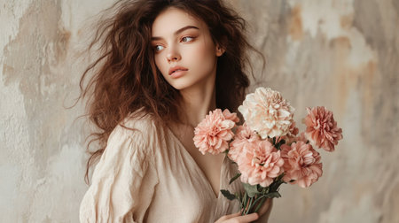 Stylish woman in a beige linen dress, tenderly holding pastel gerberas, embodying soft elegance against a neutral backdrop.の素材