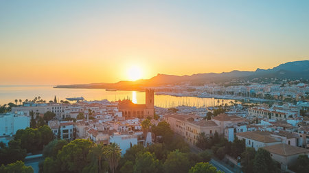 Sunset view from the cathedral in Palma, casting a golden glow over the city's rooftops and tranquil sea.の素材