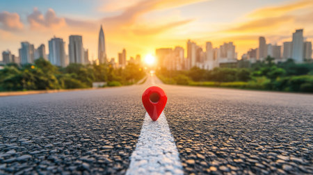 Symbolic travel concept featuring a large red map pin on an empty road stretching into a glowing urban skyline.の素材