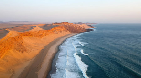 The first rays of light casting dramatic shadows on the undulating dunes of the Namib Desert on the Skeleton Coastの素材