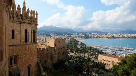 The majestic view from the cathedral in Palma, offering a glimpse of the harbor, city squares, and golden beaches.の素材