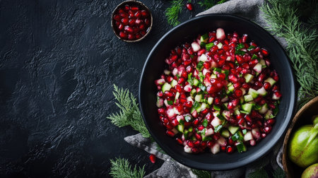 Top-down photo of traditional Russian salad Pomegranate Bracelet with jewel-like pomegranate topping, dark table settingの素材