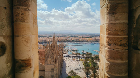 The majestic view from the cathedral in Palma, offering a glimpse of the harbor, city squares, and golden beaches.の素材