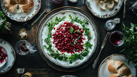 Top-down photo of traditional Russian salad Pomegranate Bracelet with jewel-like pomegranate topping, dark table settingの素材