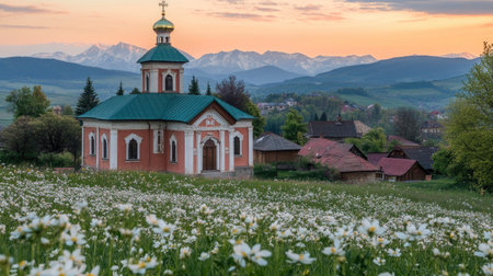 Twilight over the blooming arnica valley, soft orange and pink light illuminating the Carpathian mountains, enchanting sceneryの素材
