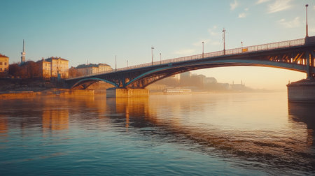 The Old Sava Bridge captured at sunrise, warm light casting golden hues on the steel structure and riverbanks of Belgradeの素材