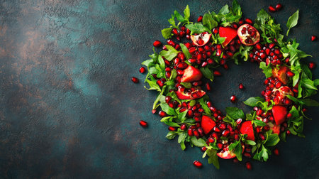Traditional Russian salad Pomegranate Bracelet arranged in a ring shape, topped with pomegranate seeds, top view on dark rustic backgroundの素材