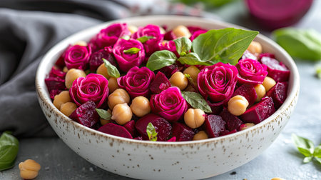 Vibrant chickpea and beetroot salad in a white bowl, topped with delicate beetroot roses, healthy vegan dish, bright backgroundの素材