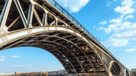 The steel arches of the Old Sava Bridge seen from below, showcasing industrial architecture and historical designの素材