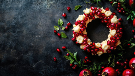 Traditional Russian salad Pomegranate Bracelet arranged in a ring shape, topped with pomegranate seeds, top view on dark rustic backgroundの素材