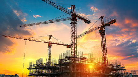 Towering cranes above a modern construction site, steel framework under a stunning sunset skyの素材