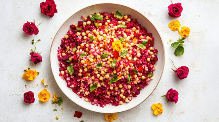 Vegan chickpea and beetroot salad arranged artistically in white bowl with beetroot rose flowers, clean soft backdropの素材