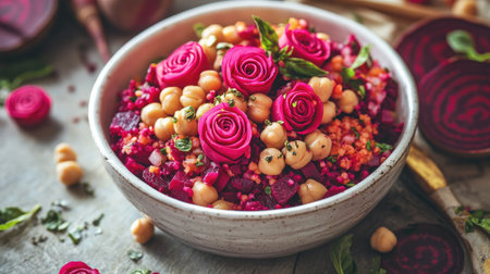 Vegan chickpea beetroot salad arranged in white bowl with beetroot rose decorations, high-fiber and protein-rich mealの素材