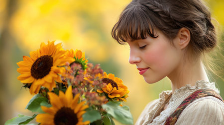 Thoughtful young woman in a linen dress looking at her sunflower bouquet, embracing the spirit of autumn.の素材