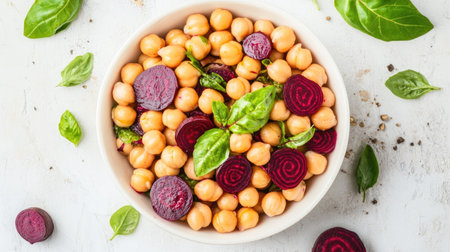 Vegan chickpea beetroot salad arranged in white bowl with beetroot rose decorations, high-fiber and protein-rich mealの素材