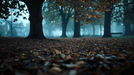 Tranquil autumn park in Aberdeen, Scotland, golden leaves covering the ground, misty morning atmosphereの素材