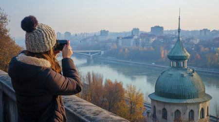 Tourist taking photos from the Old Sava Bridge, enjoying a panoramic view of Belgrade's old and modern architectureの素材