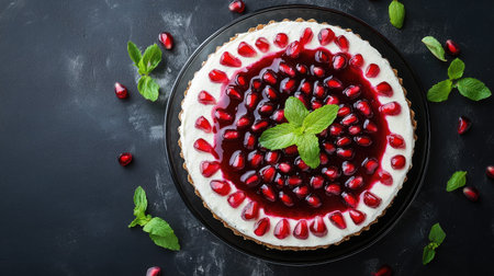 Traditional Russian salad with red pomegranate layer, circular form viewed from above on a dark tableの素材
