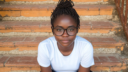 Thoughtful African girl in a white T-shirt and glasses, sitting on warm brick steps, soft natural lightingの素材