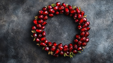 Top view of holiday Pomegranate Bracelet salad with glossy red seeds, arranged in a ring, dark marble backgroundの素材