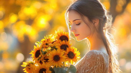 Thoughtful young woman in a linen dress looking at her sunflower bouquet, embracing the spirit of autumn.の素材