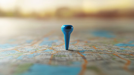 Travel concept with a blue push-pin stuck in a road map, highlighting a specific location, blurred map details in background, D renderingの素材