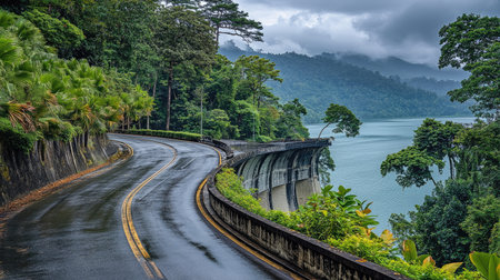 View of the dam's curved structure with tropical trees lining the banks of Bangwad Reservoir in Phuketの素材