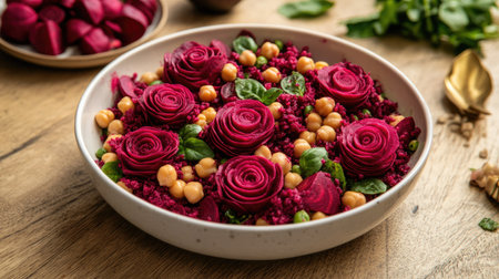 Vegan chickpea beetroot salad arranged in white bowl with beetroot rose decorations, high-fiber and protein-rich mealの素材