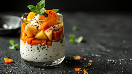 Vertical shot of a carrot and apple salad in a glass, cheese and egg in between, decorated with apple chip on top, natural lightの素材