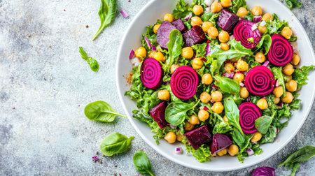 Vibrant chickpea and beetroot salad in a white bowl, topped with delicate beetroot roses, healthy vegan dish, bright backgroundの素材