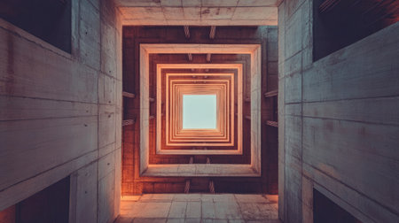 Tilted angle of high-rise structure under construction with symmetrical concrete blocks forming floors and corridorsの素材